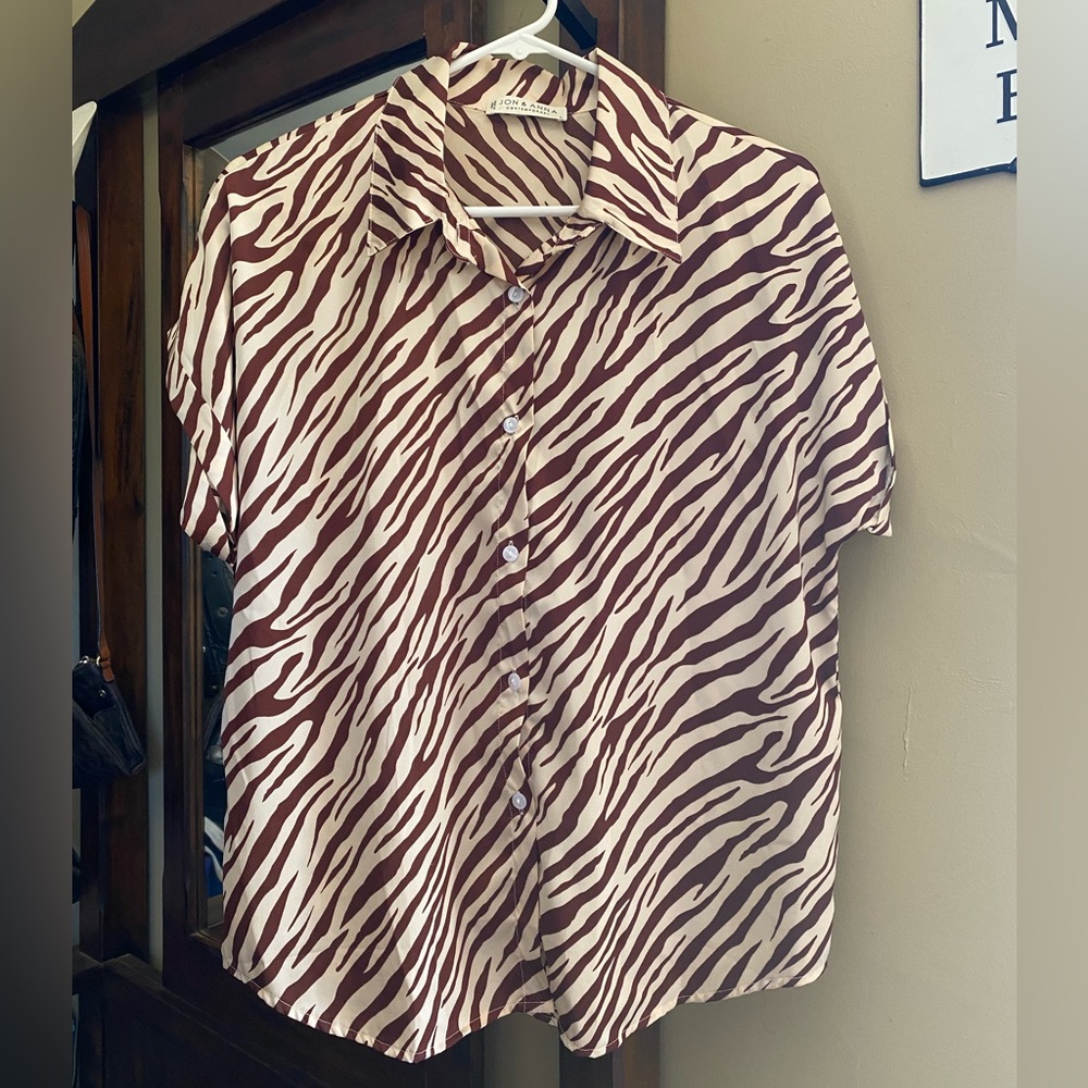 Jon & Anna Silk Brown and Ivory Button Up Blouse- Women’s Large